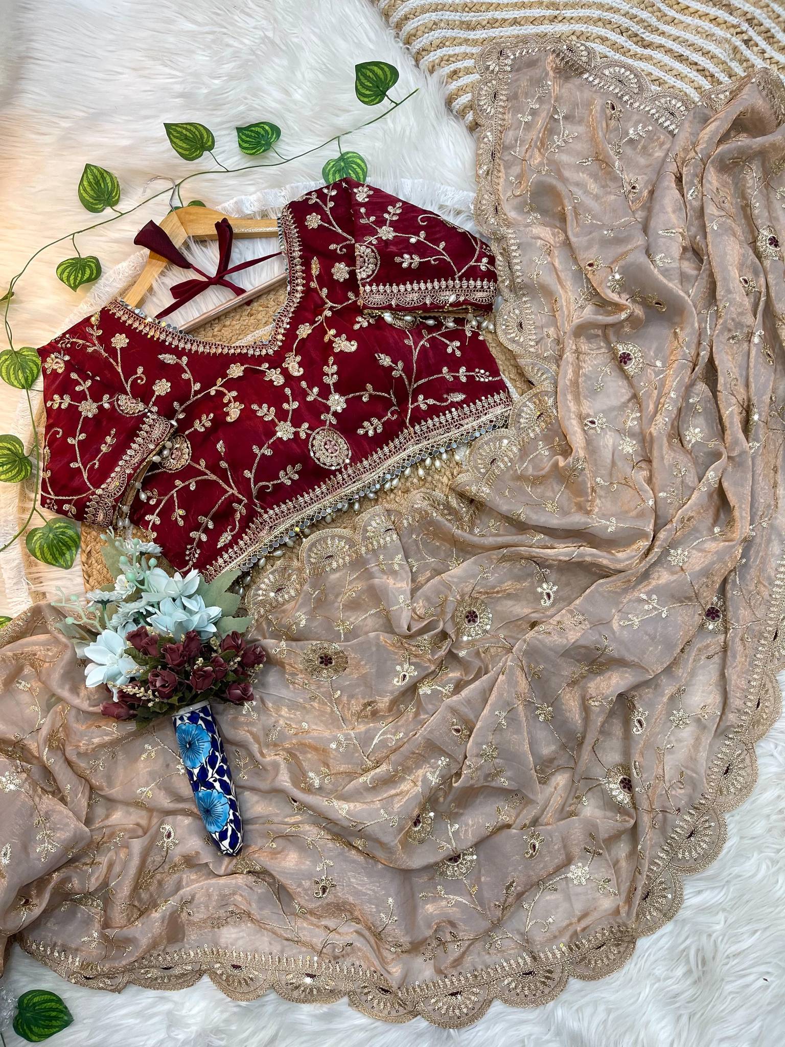 Beige Elegant Fendy Satin Silk Saree with Maroon Heavy Embroidered Border & Cutwork Blouse